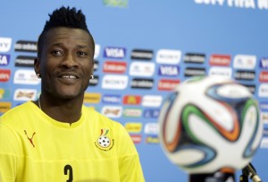 Ghana's Asamoah Gyan attends a news conference before an official training session the day before the group G World Cup soccer match between Ghana and the United States at the Arena das Dunas in Natal, Brazil, Sunday, June 15, 2014.  (AP Photo/Dolores Ochoa)